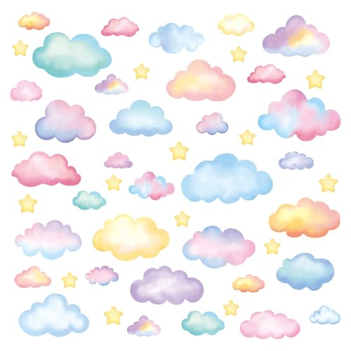 Soft Pastel Watercolor Cloud and Star Wall Stickers for Nursery
