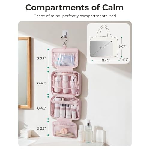 BAGSMART Travel Toiletry Bag for women, Portable Hanging Hook Makeup Bag Organizer, Waterproof Makeup Cosmetic Bag, for Full-Size Accessories, Toiletries, Camel
