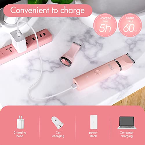 AIBRIT PRO Electric Bikini Trimmer for Women - 2 in 1 Electric Lady Pubic Hair Groomer Painless Hair Removal Razor Body Shaver, Portable Ladies Shaver with 2 Trimmer Heads, IPX7 Waterproof
