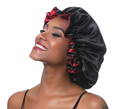 Large Satin Bonnet for Women - Adjustable Silky Sleep Cap (XL Black-Red)