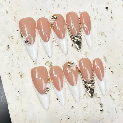 Luxury Handmade Stiletto Press-On Nails S / 083-4 with 3D Rhinestones & French Tip
