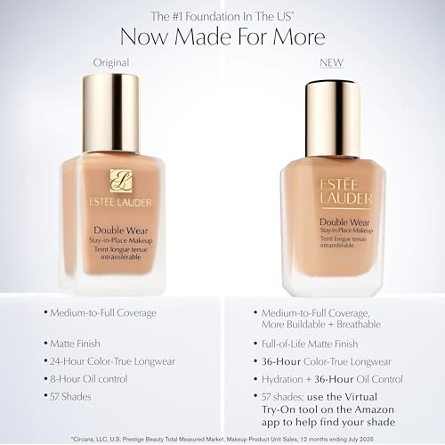 Est?e Lauder Double Wear Stay-in-Place Foundation Makeup | 36-Hour Long-Wear Oil-Free Liquid Matte Foundation | Hydrating, Breathable, Buildable | New Formula