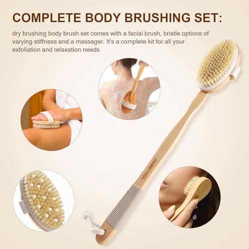 DEBETOOL Dry Brushing Set - Natural Boar Bristle Body & Face Brush, Wooden Long Handle Scrub Brush for Cellulite & Lymphatic Drainage Body Care, Detachable, 3 Brush Heads