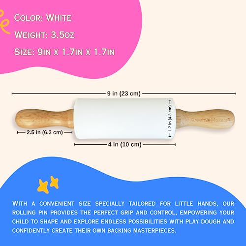 Creative Makers Kids Rolling Pin - 9in Non-Stick Silicone with Wooden Handles for Baking & Play Dough
