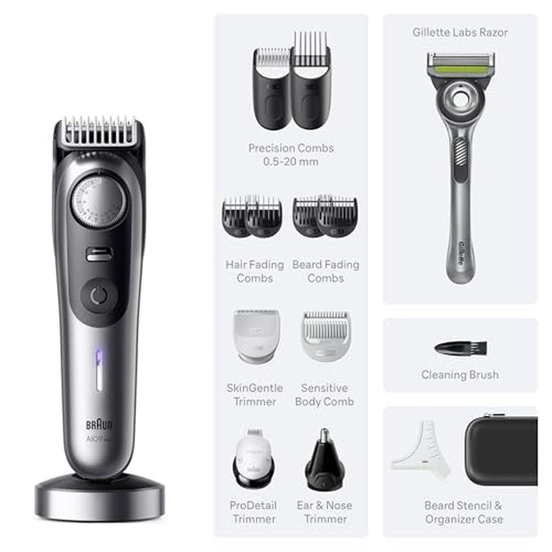Braun All-in-One Series 9 PRO Men's Electric Beard Trimmer, Hair Clipper, Shaver & Razor for Face, Hair & Body, AIO 9570 with Gillette Labs Razor, Cordless