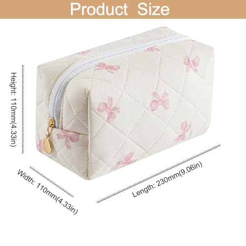 Cute Floral Cotton Makeup Bag - Quilted Cosmetic Bag with Red Bowknot, Large Capacity