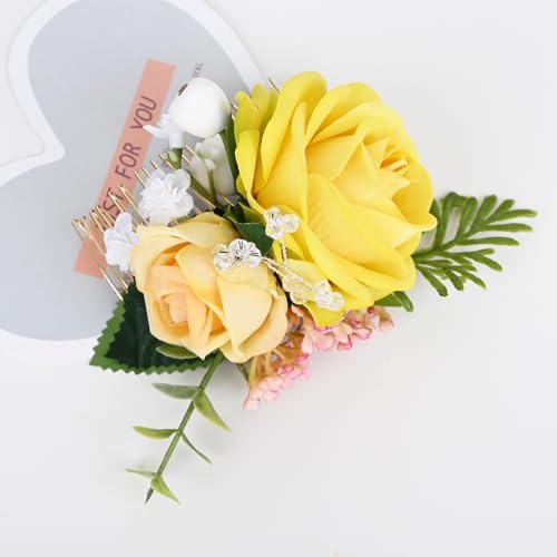 Yellow Artificial Flower Hair Comb Side Bridal Accessory