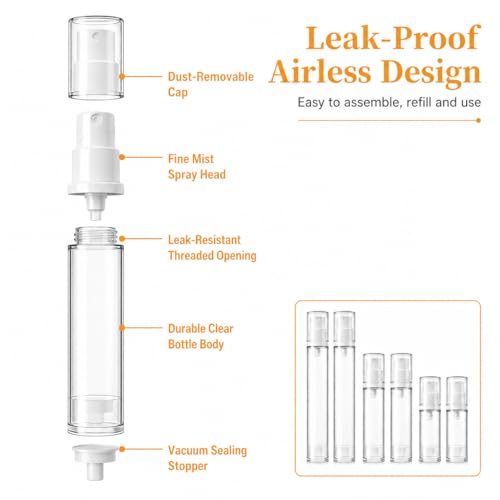 LUSTRIB Airless Travel Spray Bottles Set - 5ml, 10ml, 15ml Refillable