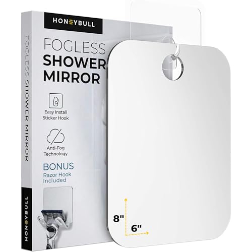 HONEYBULL Fogless Shower Mirror for Shaving ? Anti-Fog Acrylic Mirror with Razor Holder, No-Drill Wall Mount, Flat Design for Steam Showers, Medium 6x8in