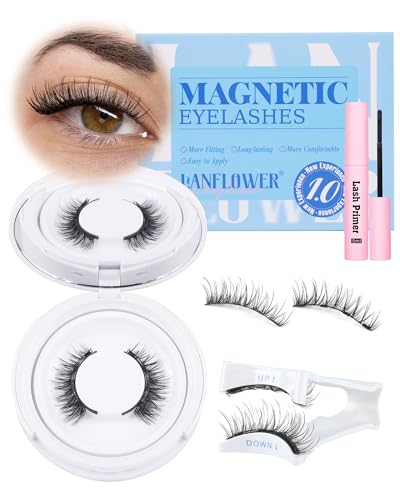 Lanflower D-Magnetic Eyelashes with Applicator & Primer, Natural Wispy Cat Eye Reusable Magnetic Lashes, No Glue Needed