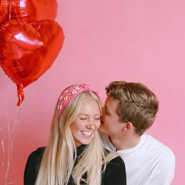 Pink Heart Valentine Headband for Women with Crystal Rhinestones - Love Knot Hair Accessory