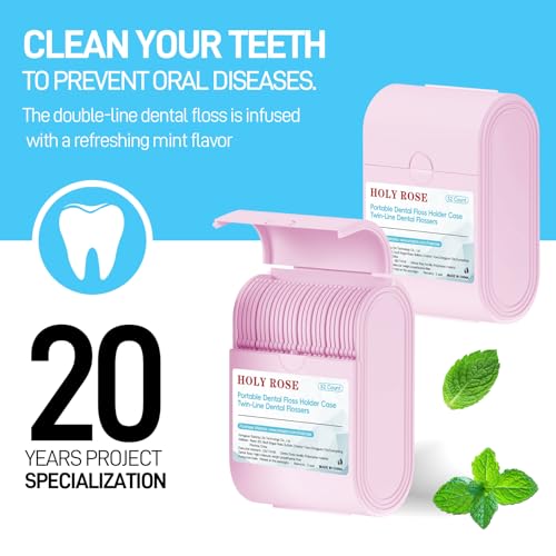 Holy Rose Pink Dental Floss Picks Travel Case 2 Pack, 104 Mint-Flavored Flossers
