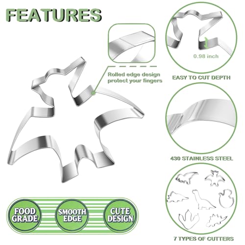 Dinosaur Cookie Cutters Set - 7 Stainless Steel Shapes for Baking
