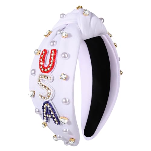 USA Embellished Knotted Headband with Rhinestones & Pearls - 4th of July Accessories