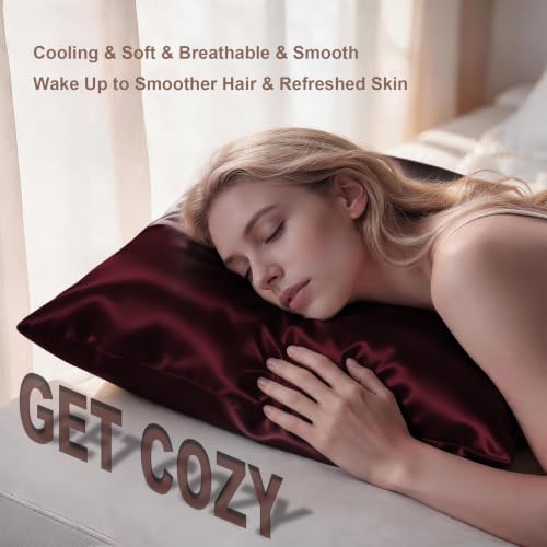 LYSHIN Mulberry Silk Pillowcase - Standard Size, Burgundy - Anti-Acne & Cooling