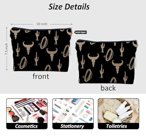 Cow Print Linen Makeup Bag - 10-Inch Travel Toiletry Pouch for Women