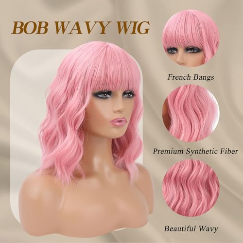 ATAYEA 14 Inch Pink & Purple Curly Wavy Wig for Women Short Bob Synthetic Fiber Cosplay & Daily Use
