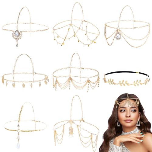 Dizila Gold Head Chains for Women - 8 Pieces with Rhinestones & Pearls
