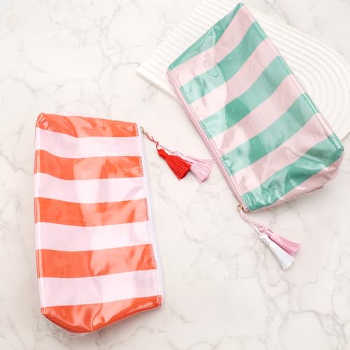 Cute Pink-Orange Striped Makeup Bag - Waterproof Travel Pouch