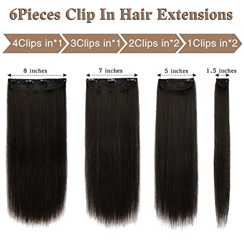 WECAN 22 Inch Clip-In Hairpieces - Brown Black, 6PCS Synthetic Fiber
