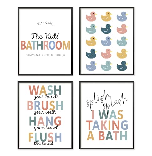 Rubber Duck Kids Bathroom Wall Art Set - 4 Prints (8x10 Unframed)
