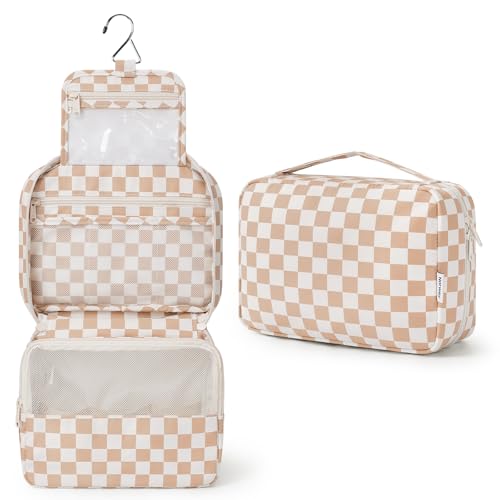 Narwey Small Hanging Travel Toiletry Bag - Brown Checkerboard Organizer