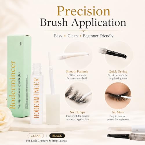 BODERMINCER Waterproof Black Lash Glue - Strong Hold for Cluster & Strip Lashes 4ml, Lash Clusters Glue