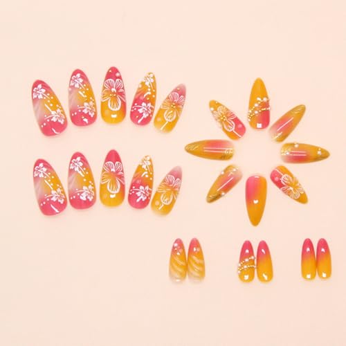 24Pcs Medium Almond Flower Press On Nails with Gold Beads