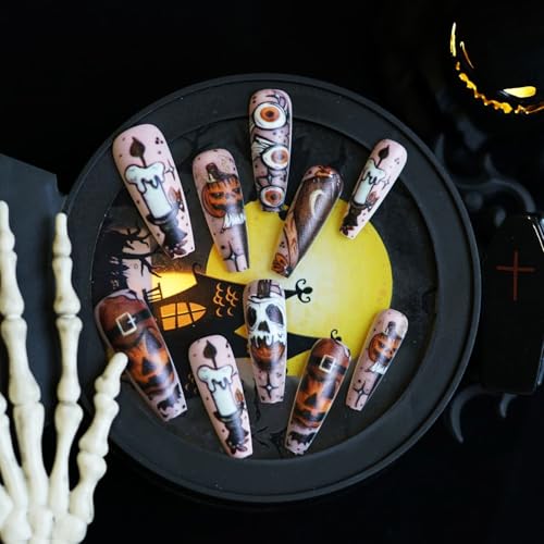 WYFHDT Halloween Press-On Nails - Long Square Fake Nails with Pumpkin & Candy Designs, 24pcs, Reusable Glue-On Full Cover Coffin Style, Variation 5