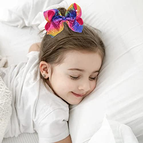 DIUEWOW Big Rainbow Sequin Hair Bows for Girls and Women - 8 Inches Glitter Alligator Clips & Pins, Pride & Festive Accessories