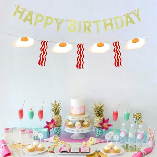 KUNGOON Bacon & Eggs Happy Birthday Banner Set for Brunch Parties