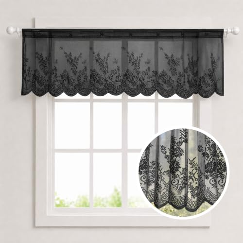 Molaxhome Black Lace Floral Semi Sheer Kitchen Valance 51x16