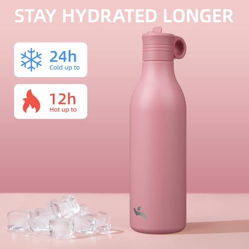 Konokyo 25oz Insulated Pink Water Bottle with Straw - BPA Free, Leak Proof
