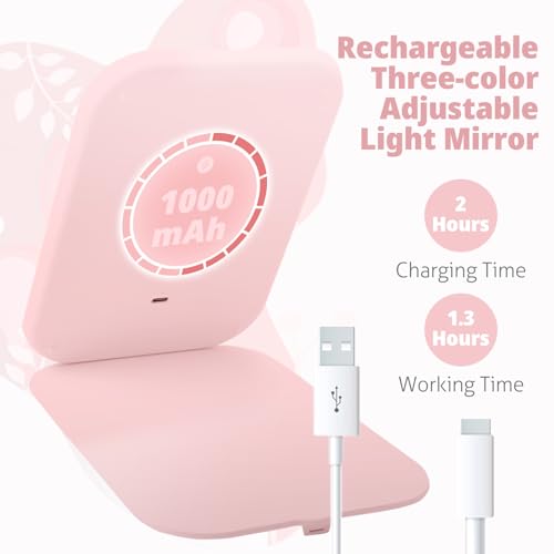 Portable Rechargeable Makeup Mirror with 3 LED Colors - 7.9x5.4 inch, Pink