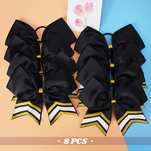 8 Pack Cheerleader Hair Bows 7-inch Glitter & Satin Ponytail Holders for Girls & Sports Teams