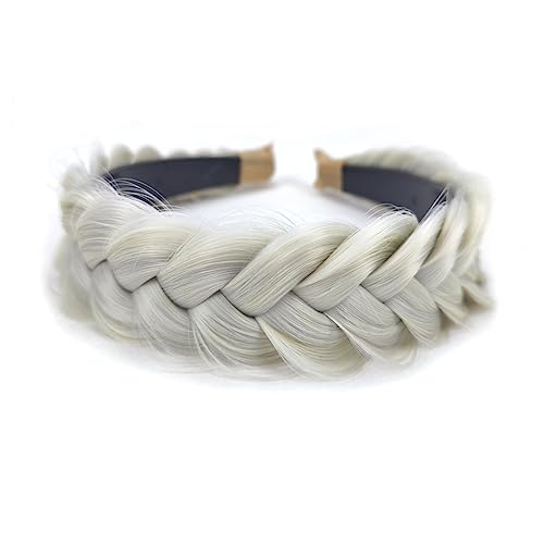 Wide Braided Headband Hoop for Women & Girls - Non-Slip Elastic Hair Accessory (White Grey)