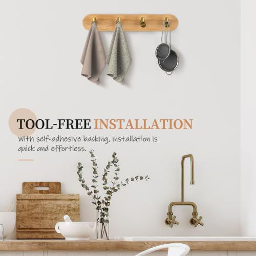 Nekon Bamboo Key Holder with Gold Hooks - Self-Adhesive Wall Organizer