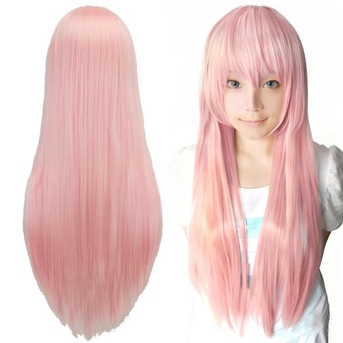 IMISSU 80cm Long Straight Synthetic Pink Wig with Bangs for Cosplay
