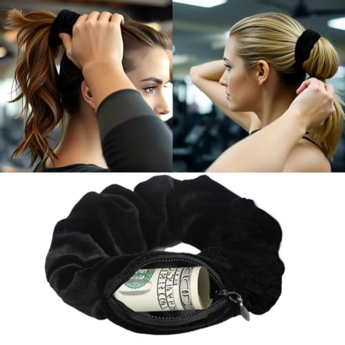 Black Velvet Scrunchies with Zipper Pocket - 4 Pack Travel Essentials