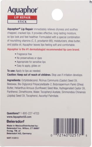 Aquaphor Lip Repair Stick Pack of 4 - Moisturizing Lip Balm for Dry & Chapped Lips