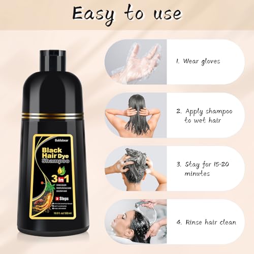 Bablabear Black Hair Dye Shampoo for Gray Hair, Semi-Permanent Hair Color Shampoo for Women and Men, Grey Coverage.500ml