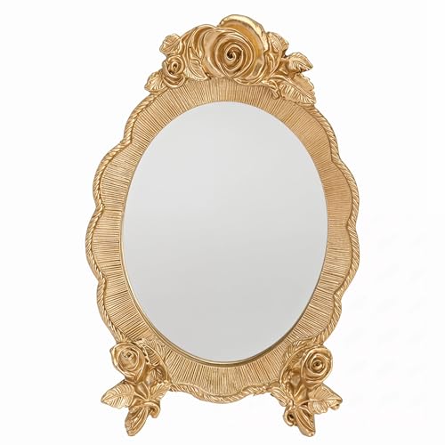 Portable Oval Resin Makeup Mirror with Rose Relief Frame