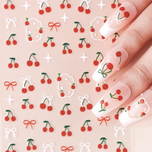 Cherry Nail Stickers - 5D Embossed Rhinestone Bow Nail Art Set