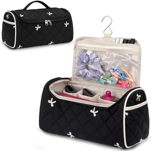 Linpr Quilted Hair Dryer Travel Bag with Bow Black - Portable Hair Tool Organizer