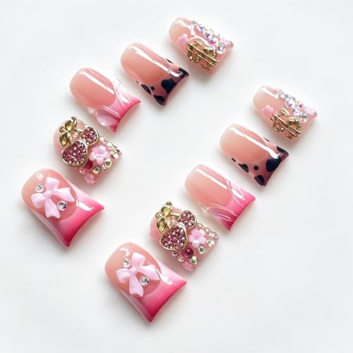 Mirreva Handmade Duck Shape Press on Nails - Y2K Pink Gradient Cherry Bow