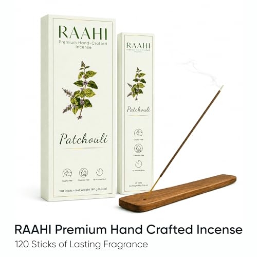 RAAHI Patchouli Incense Sticks with Holder - 120 Handcrafted Sticks for Meditation & Home Fragrance