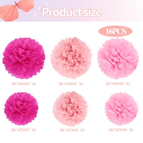 BestoFun 16Pcs Hot Pink Pom Poms for Party Decorations