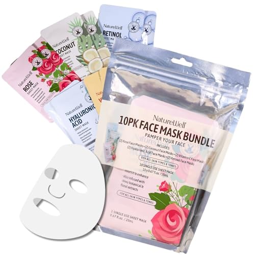 Nature Well All-Skin Hyaluronic Acid Rose Retinol Coconut Vitamin C Sheet Masks Multipack (10 Packs)