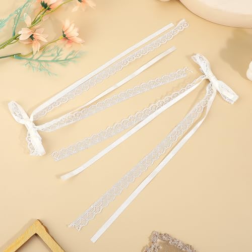 2 Pcs White Lace Hair Bow Clips with Long Tail - Elegant Ribbon Bows