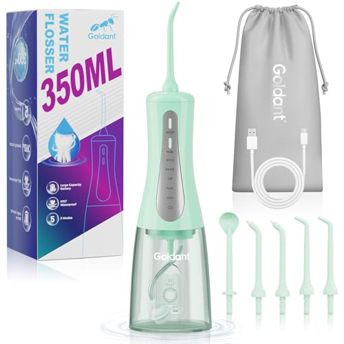 GOLDANT Green Portable Cordless Water Flosser with 350ML Tank 5 Modes IPX7 Waterproof